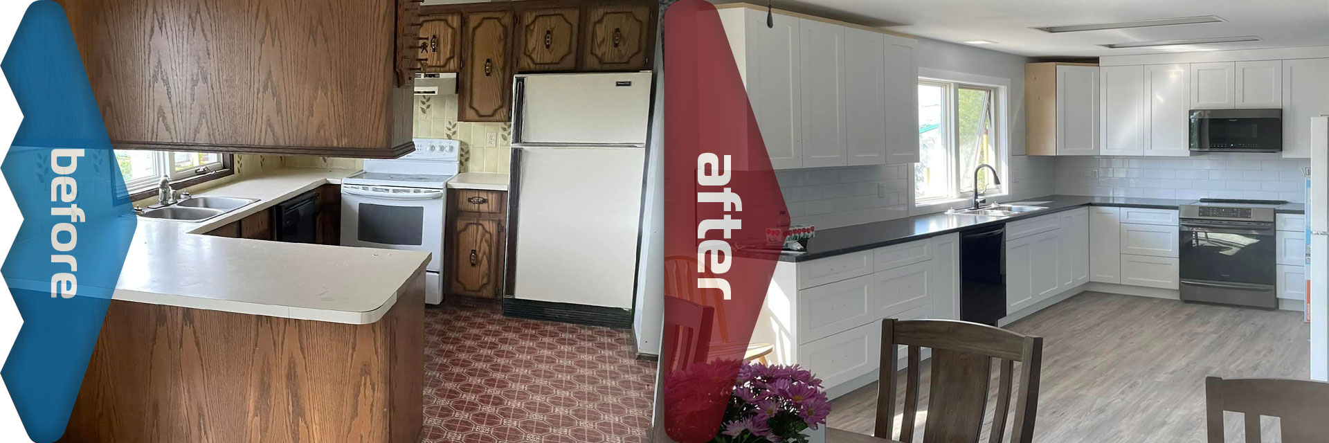 Photo of kitchen before and after it was remodeled