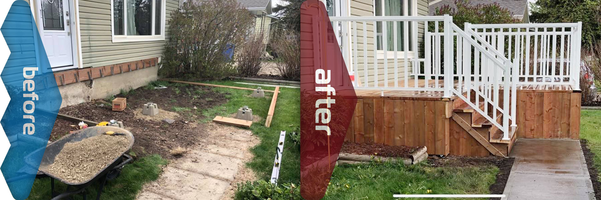 Photo of prebuild phase and completed phase of sidewalk and porch with steps