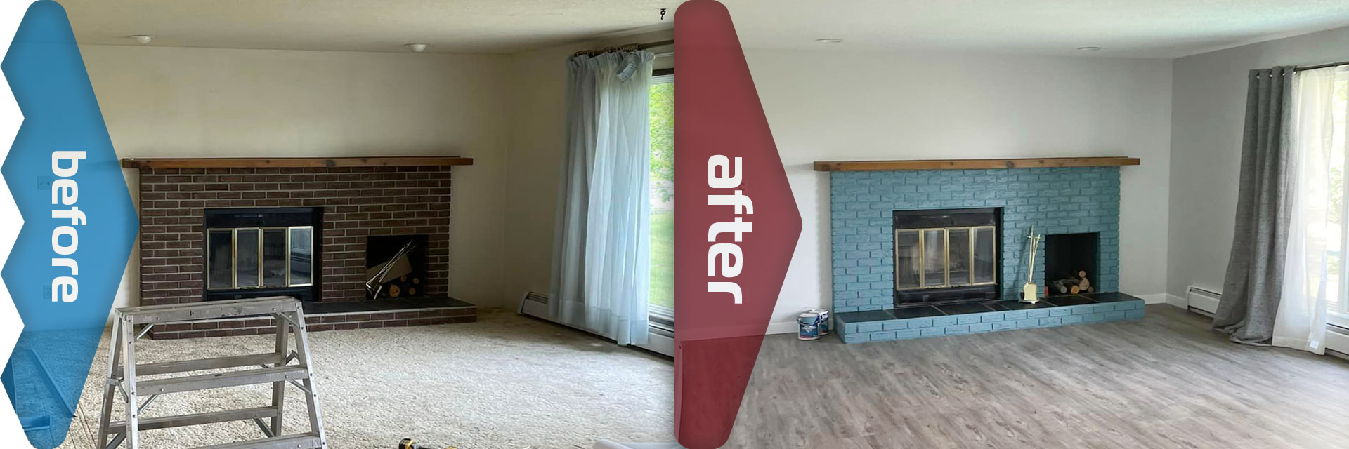 Photo of before and after repainting fireplace and replacing flooring