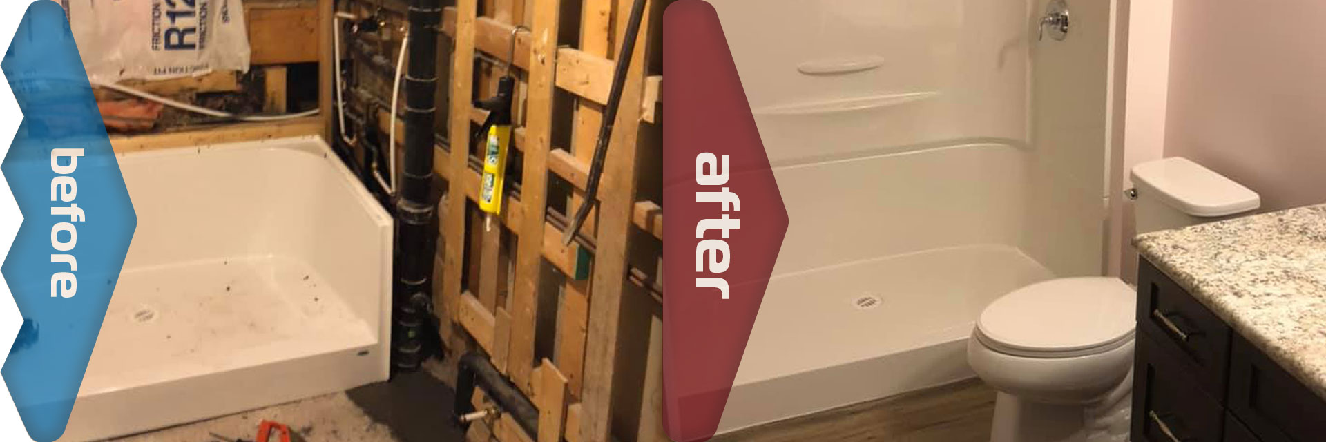 Photo of bathroom being stripped and then after being rebuilt
